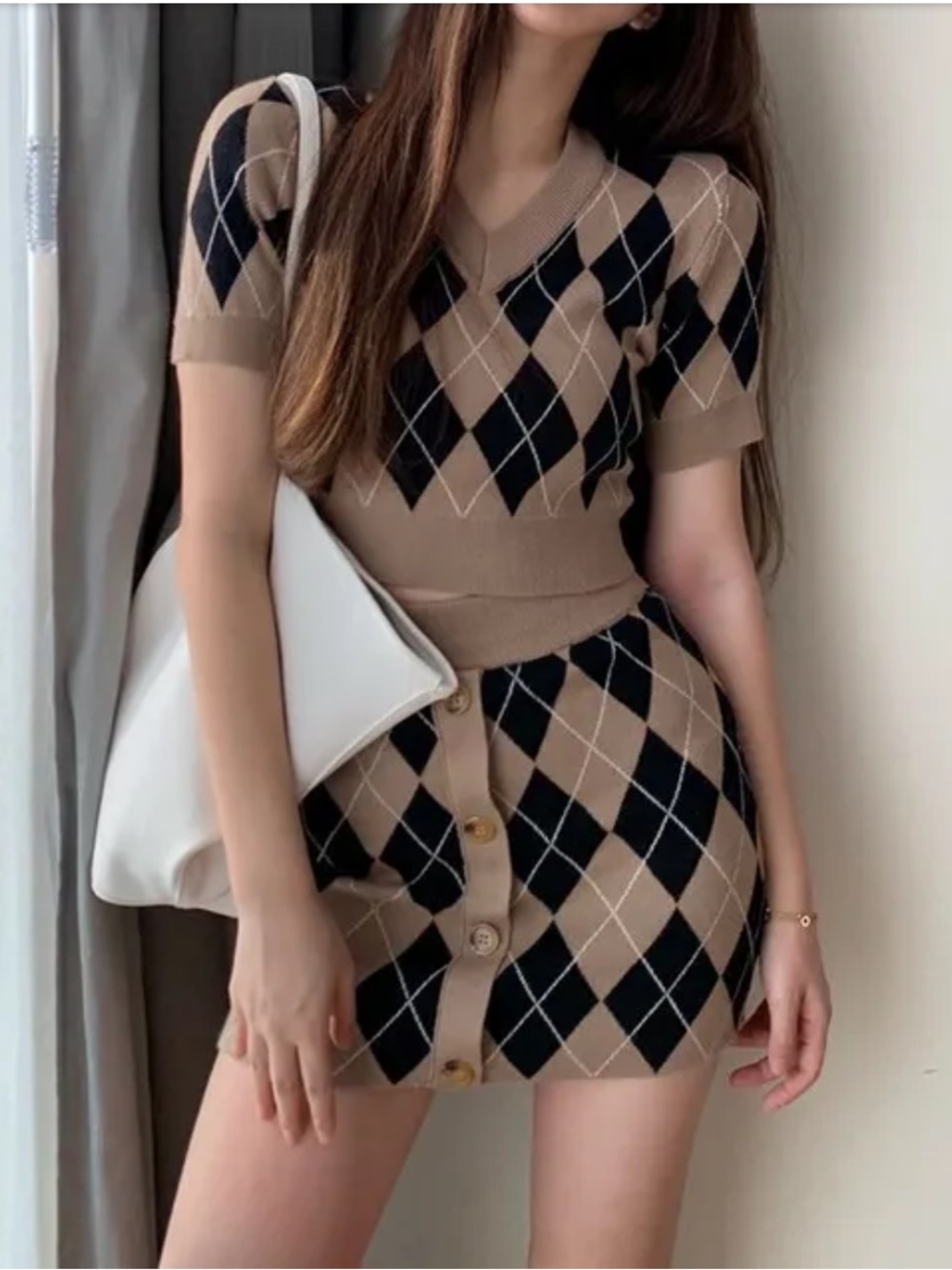 Beige & Black Argyle Knit Dress Set - Short Sleeve V-Neck Top & Mini Skirt